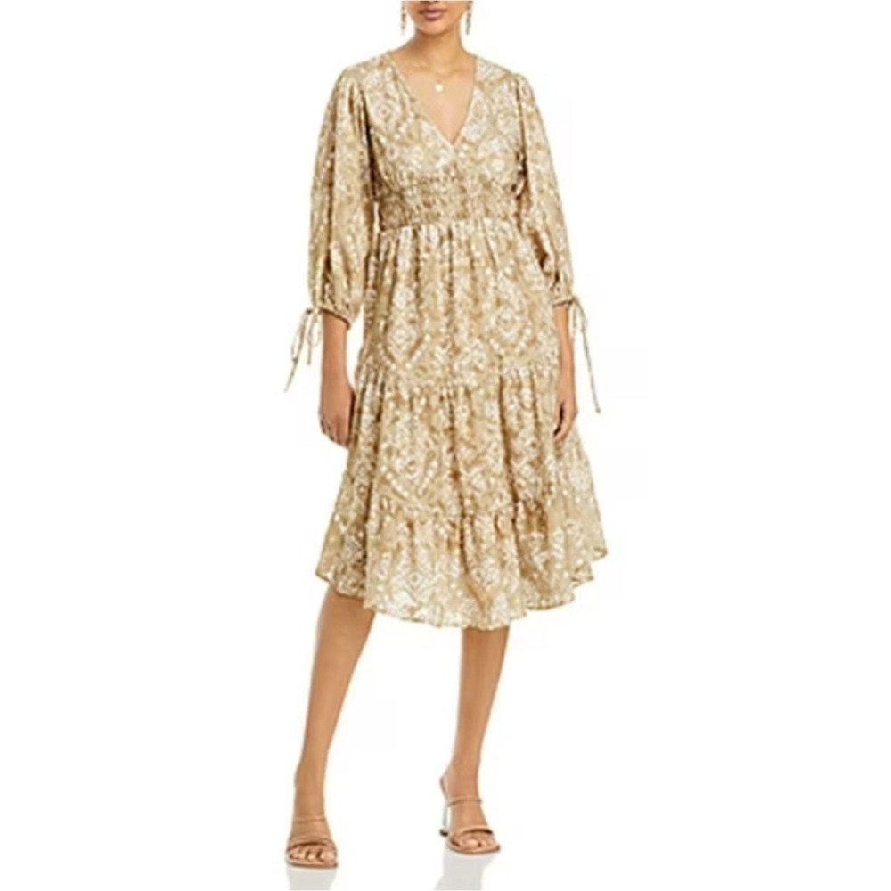 Cupio Midi Dress Women L Tan Gold Geometric Smocked Tiered Boho